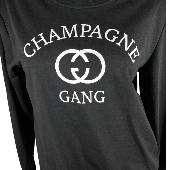 "Champagne Gang" Lightweight Black and White Long Sleeve Sweatshirt Size Large - Picture 4 of 6